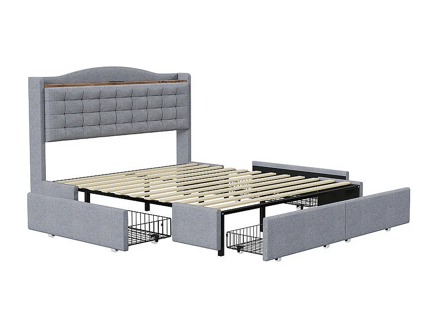 Cama de adulto de lino 160x200 cm - con toma USB y 4 cajones - somier de láminas - Gris claro