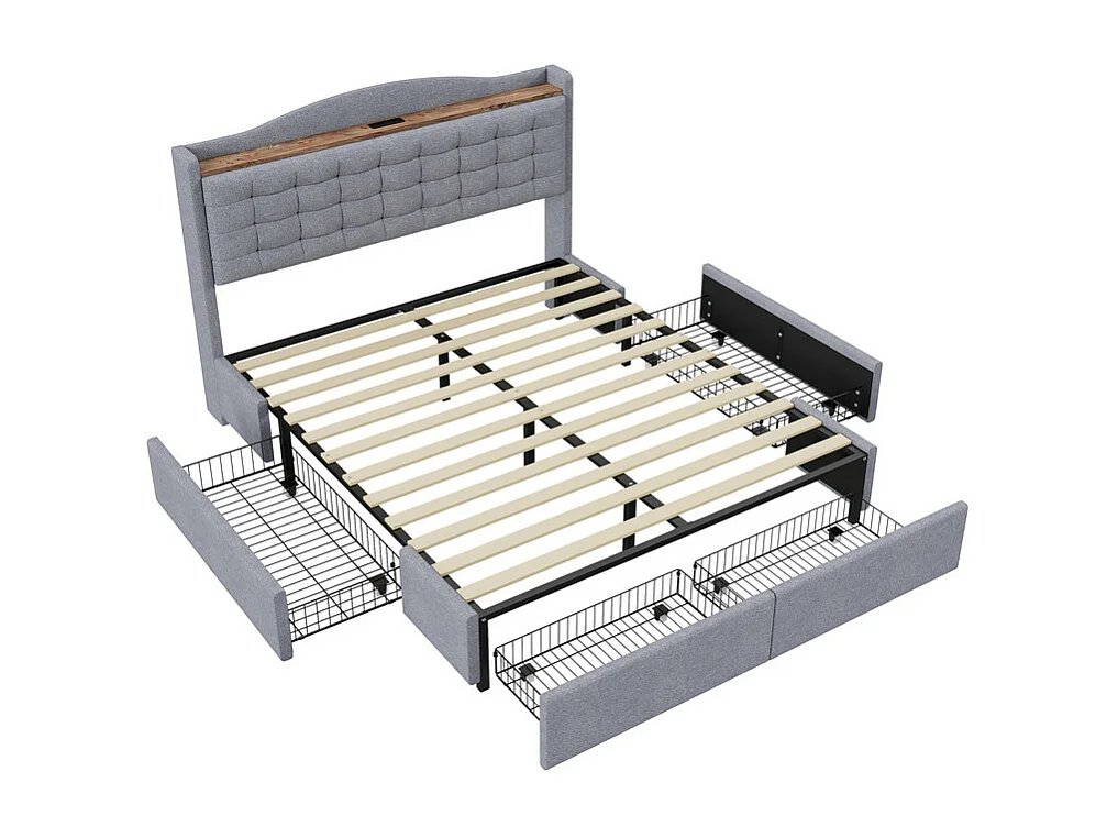 Cama de adulto de lino 160x200 cm - con toma USB y 4 cajones - somier de láminas - Gris claro