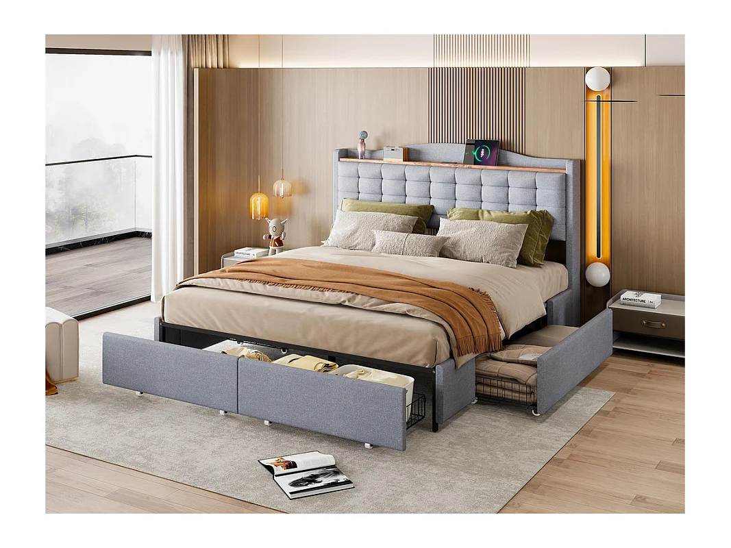 Lit double capitonné 160x200 cm - avec prise USB et 4 tiroirs - tissu en lin - Gris
