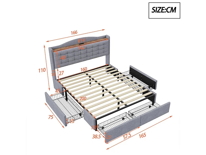 Lit double capitonné 160x200 cm - avec prise USB et 4 tiroirs - tissu en lin - Gris