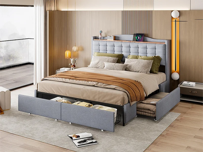 Linnen volwassenenbed 160x200cm - met USB-aansluiting en 4 lades - lattenbodem - Lichtgrijs