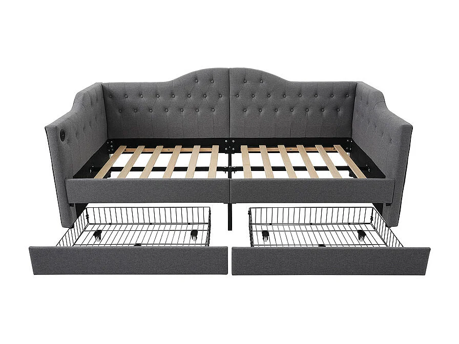 Bed met laden 90x200cm gestoffeerd in linnen - met oplaadfunctie en lattenbodem - Grijs (matras niet inbegrepen)