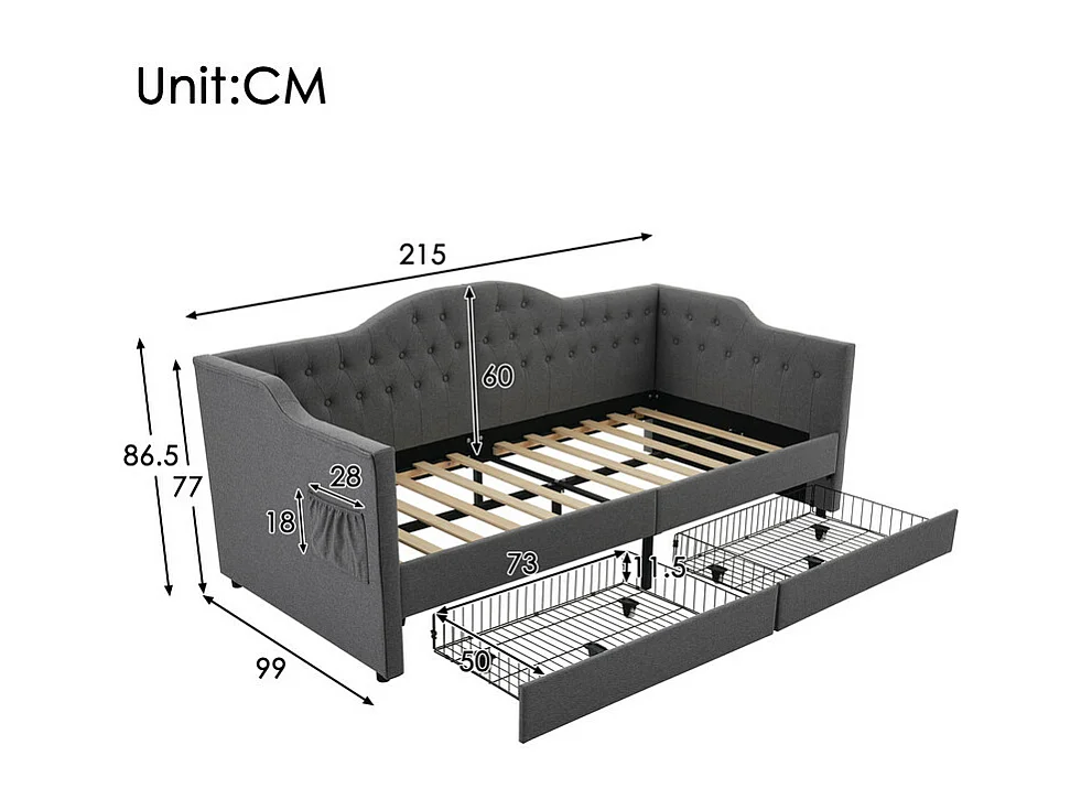 Bed met laden 90x200cm gestoffeerd in linnen - met oplaadfunctie en lattenbodem - Grijs (matras niet inbegrepen)