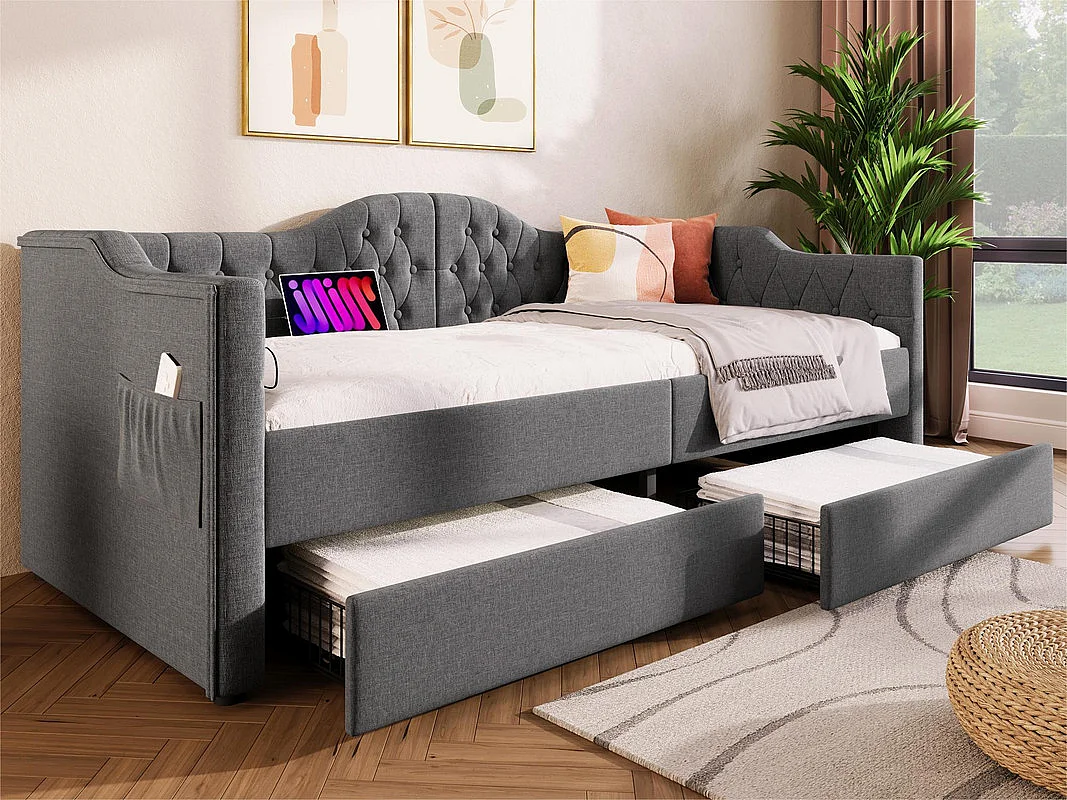 Bett mit Schubladen 90x190cm gepolstert in Leinen - mit Ladefunktion und Lattenrost - Grau (Matratze nicht inklusive)