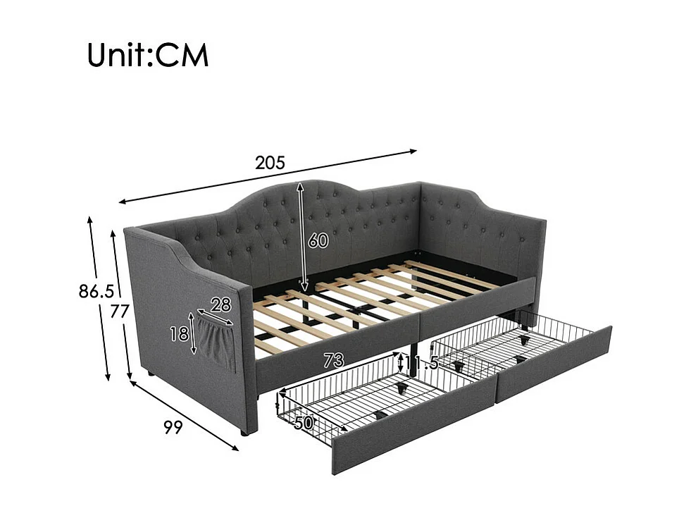 Bett mit Schubladen 90x190cm gepolstert in Leinen - mit Ladefunktion und Lattenrost - Grau (Matratze nicht inklusive)