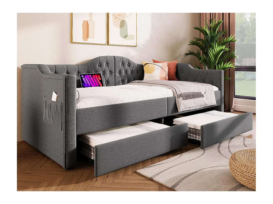 Lit avev tiroirs 90x190cm rembourrée en lin - avec fonction de recharge et sommier à lattes - Gris (matelas non inclus)