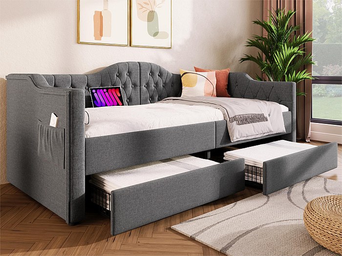Letto imbottito in lino - 90x190 cm - con funzione carico e 2 cassetti ...