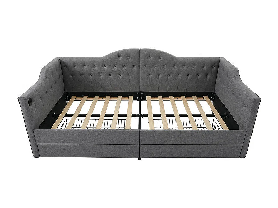 Lit avev tiroirs 90x190cm rembourrée en lin - avec fonction de recharge et sommier à lattes - Gris (matelas non inclus)