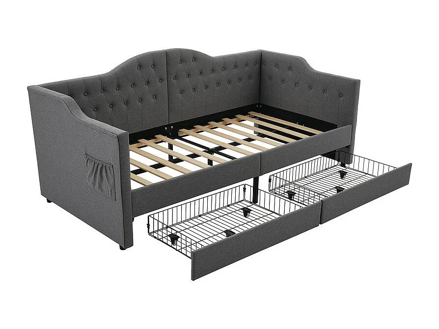Lit avev tiroirs 90x190cm rembourrée en lin - avec fonction de recharge et sommier à lattes - Gris (matelas non inclus)