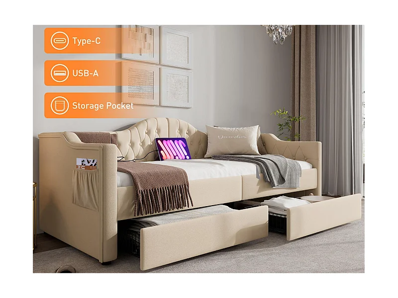 Lit avev tiroirs 90x200cm rembourrée en velours - avec fonction de recharge et sommier à lattes - Beige (matelas non inclus)