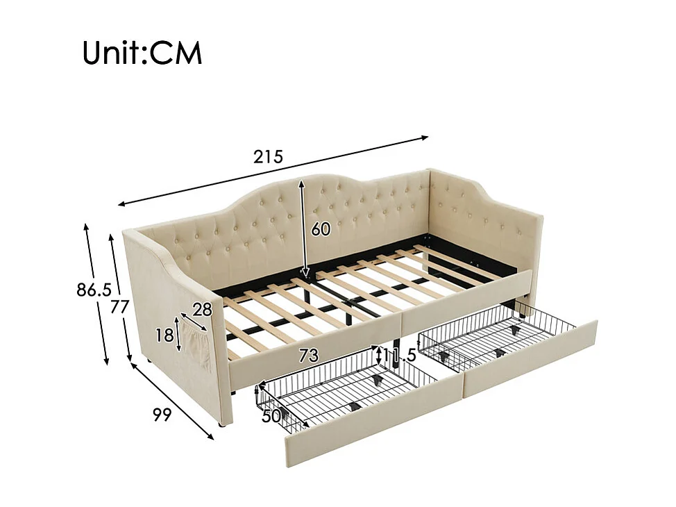Bed met laden 90x200cm gestoffeerd in fluweel - met oplaadfunctie en lattenbodem - Beige (matras niet inbegrepen)