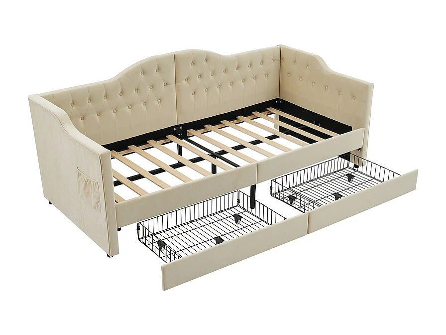 Bed met laden 90x200cm gestoffeerd in fluweel - met oplaadfunctie en lattenbodem - Beige (matras niet inbegrepen)