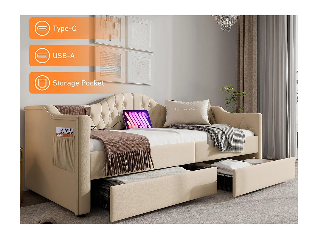 Lit avev tiroirs 90x200cm rembourrée en velours - avec fonction de recharge et sommier à lattes - Beige (matelas non inclus)