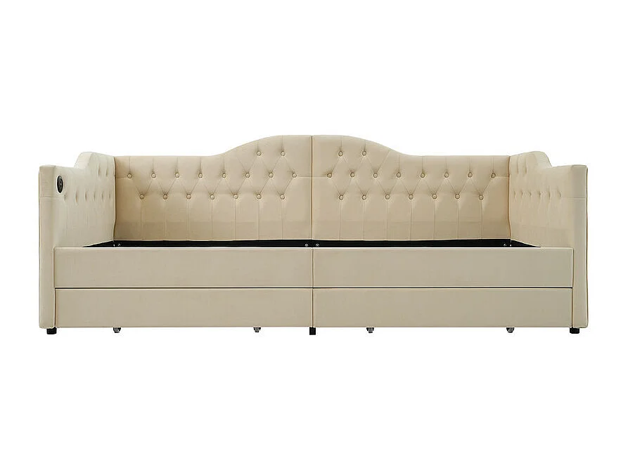 Letto con cassetti 90x200cm imbottito in velluto - con funzione di ricarica e doghe - Beige (materasso non incluso)