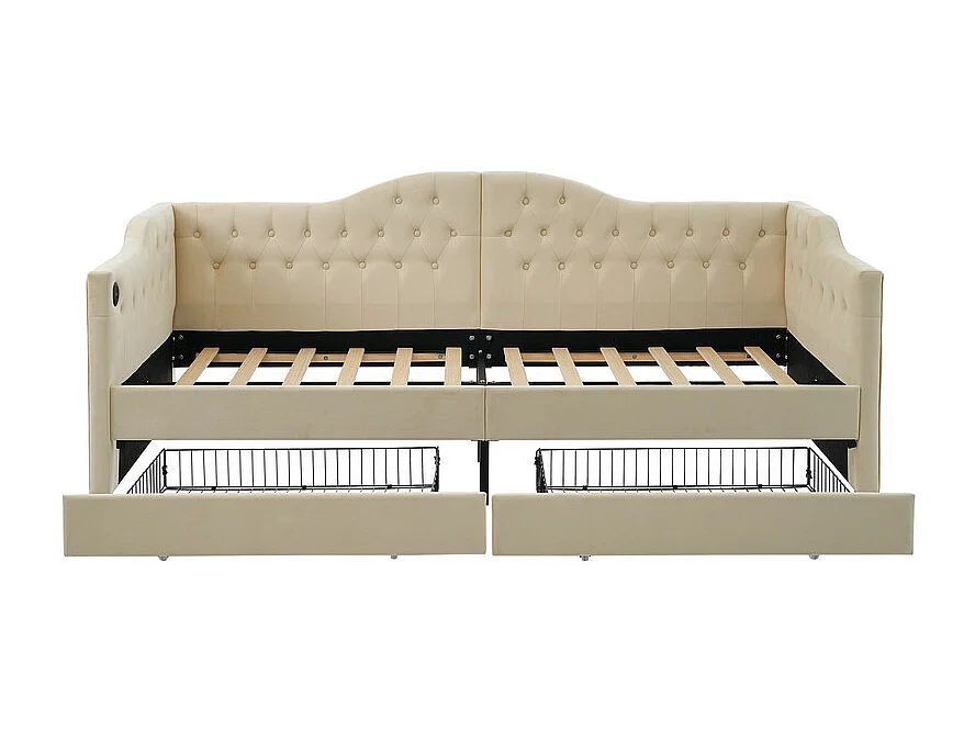 Letto con cassetti 90x200cm imbottito in velluto - con funzione di ricarica e doghe - Beige (materasso non incluso)