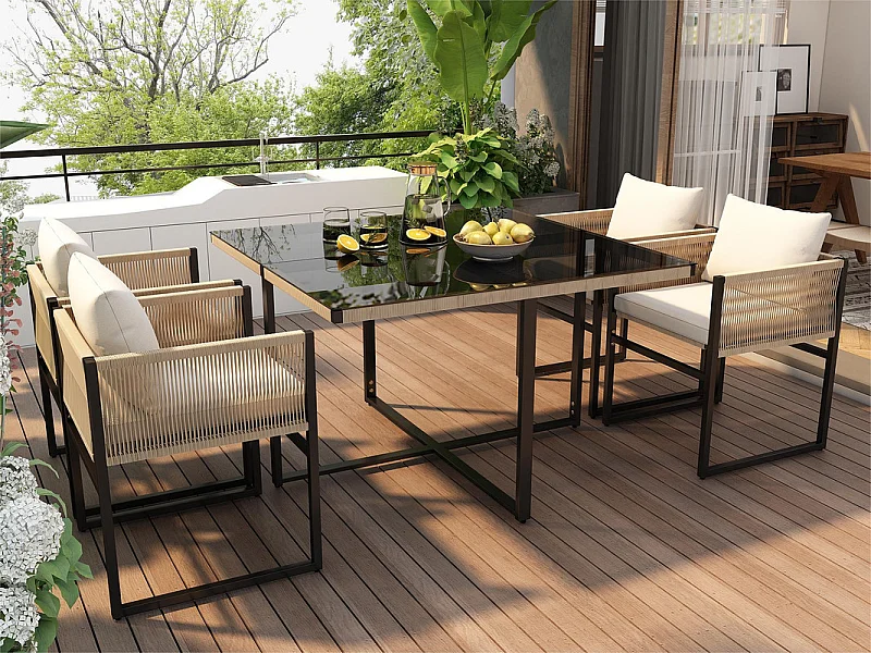 Gartentisch- und Stuhlset – 4 Plätze – 1 Tisch und 4 Stühle mit Seil verziert – Beige