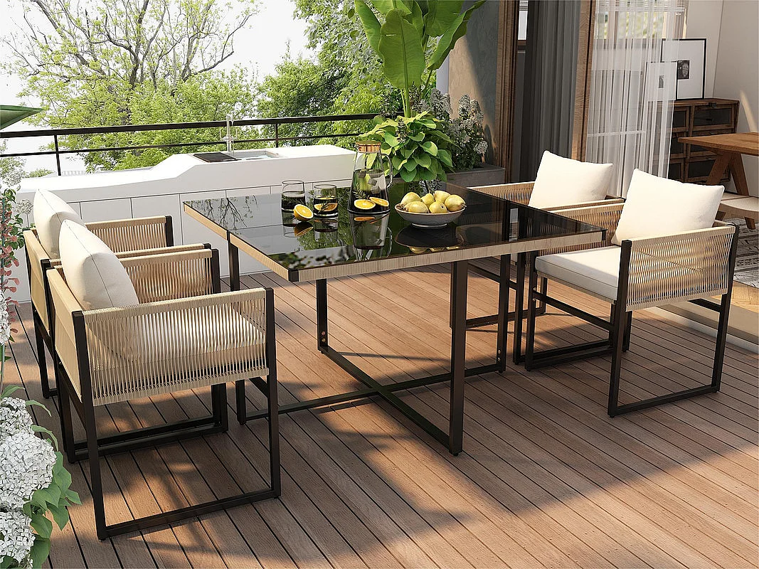 Conjunto de mesa y sillas de jardín - 4 plazas - 1 mesa y 4 sillas decoradas con cuerda - Beige