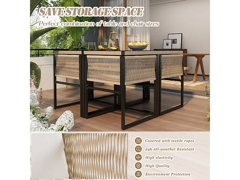 Conjunto de mesa y sillas de jardín - 4 plazas - 1 mesa y 4 sillas decoradas con cuerda - Beige