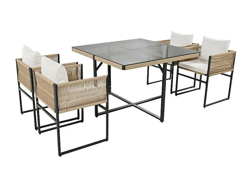 Conjunto de mesa y sillas de jardín - 4 plazas - 1 mesa y 4 sillas decoradas con cuerda - Beige