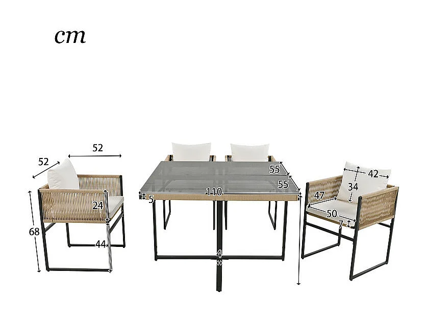 Conjunto de mesa y sillas de jardín - 4 plazas - 1 mesa y 4 sillas decoradas con cuerda - Beige