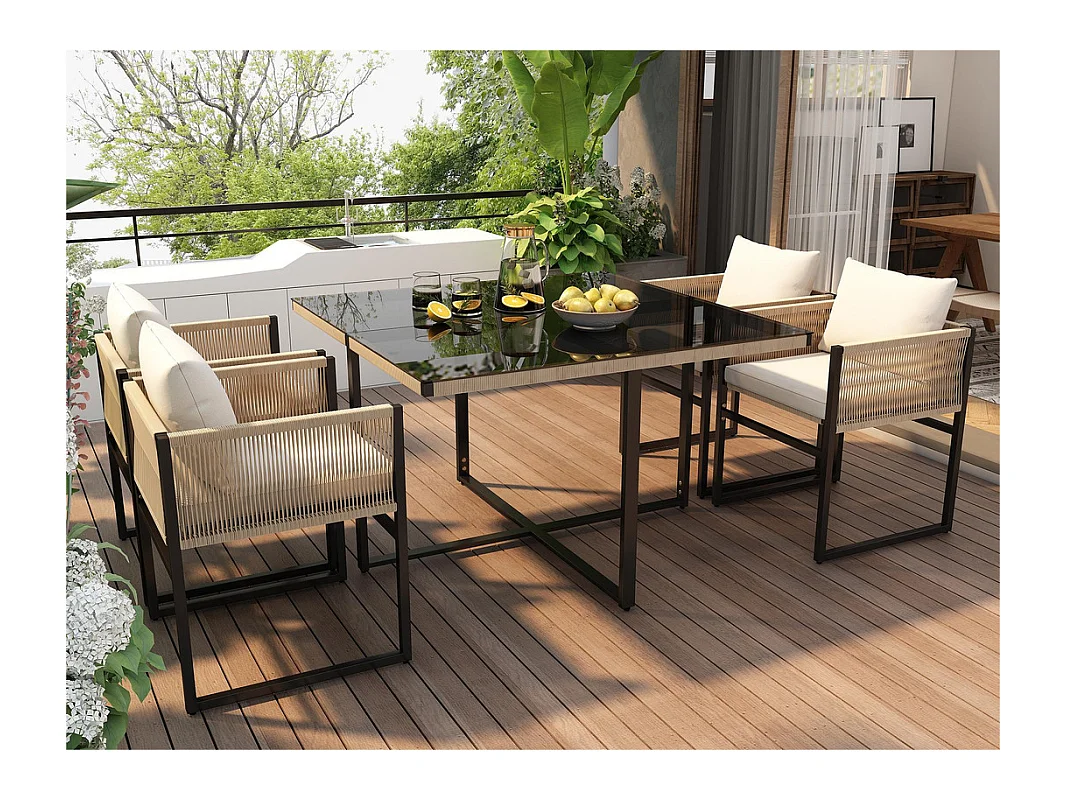 Ensemble table et chaise de jardin - 4 places - 1 table et 6 chaises décorées de corde - Beige
