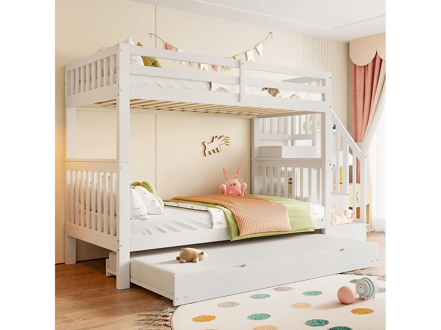 Etagenbett 90x200 cm aus Kiefernholz - mit ausziehbarem Bett - weiß