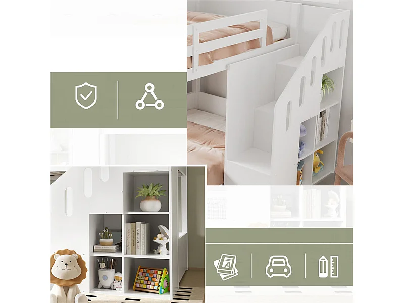 Letto a castello per bambini - 2x90x200 cm - con montascale e ringhiera - Bianco (senza materasso)