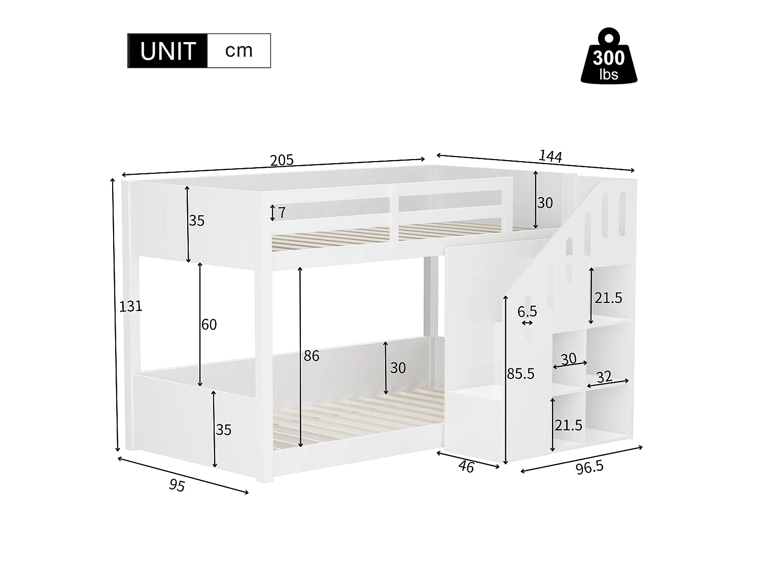 Letto a castello per bambini - 2x90x200 cm - con montascale e ringhiera - Bianco (senza materasso)