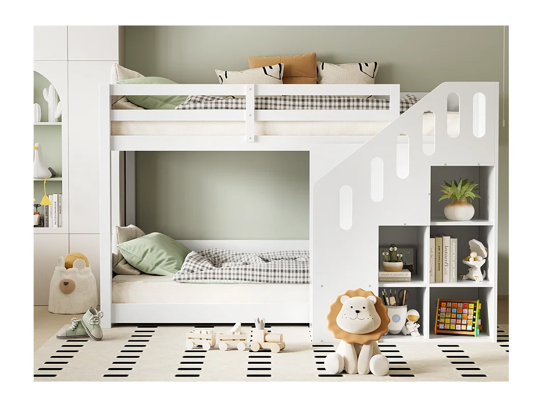 Lit superposé pour enfant - 2x90x200 cm - avec casier d'escalier et garde-corps - Blanc (sans matelas)