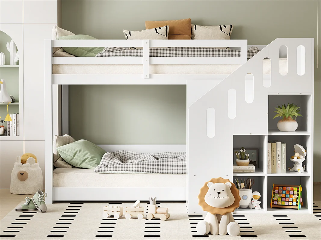 Kinderstapelbed - 2x90x200 cm - met trapkast en leuning - Wit (zonder matras)