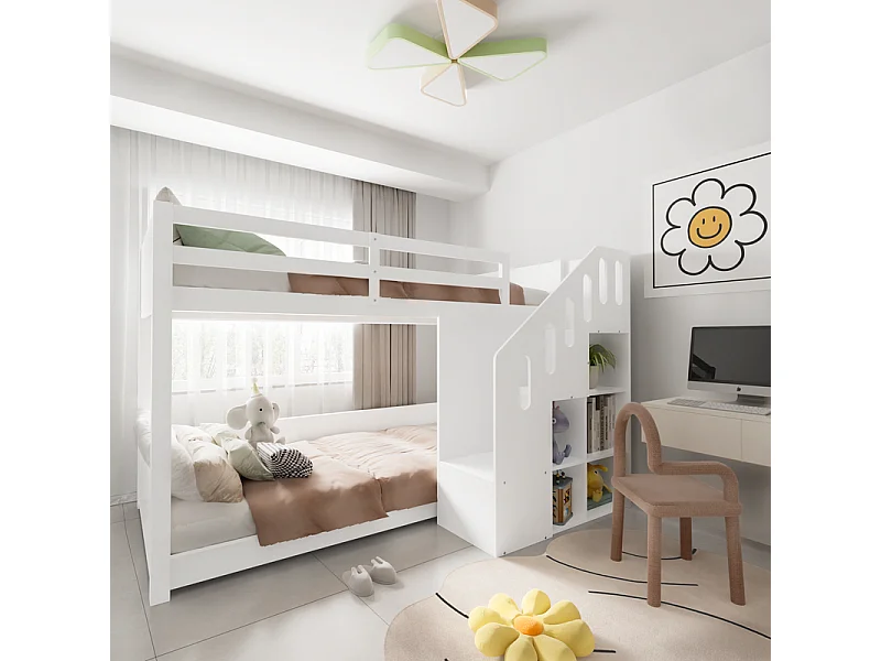 Kinderstapelbed - 2x90x200 cm - met trapkast en leuning - Wit (zonder matras)