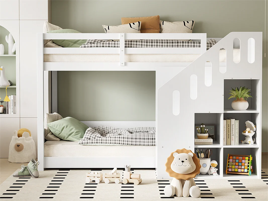 Kinderstapelbed - 2x90x200 cm - met trapkast en leuning - Wit (zonder matras)