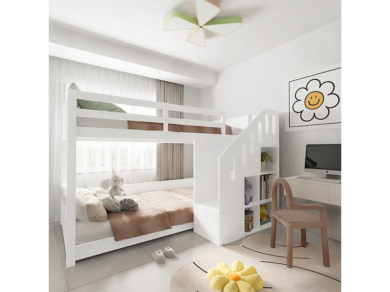 Kinderstapelbed - 2x90x200 cm - met trapkast en leuning - Wit (zonder matras)