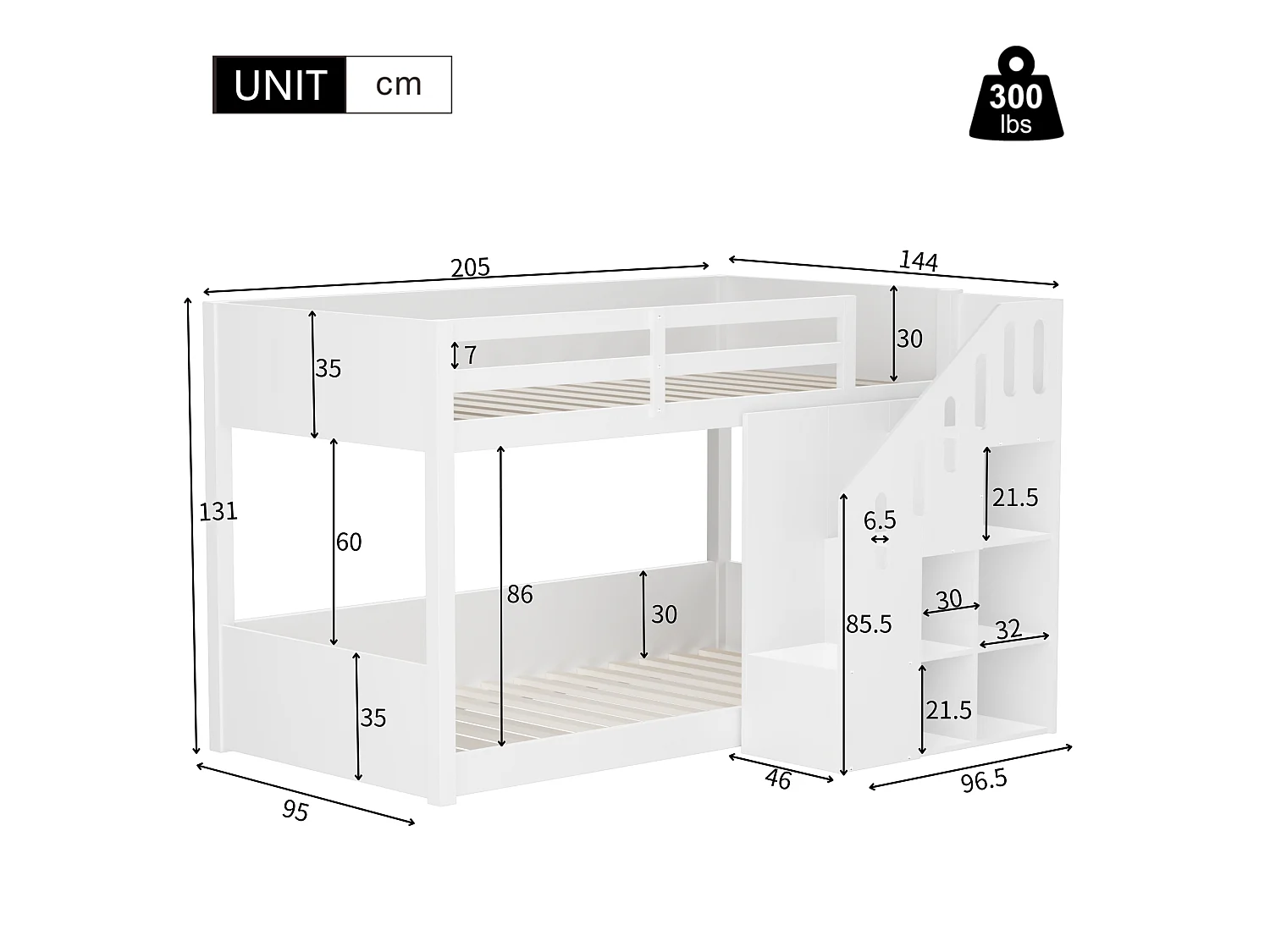 Kinderstapelbed - 2x90x200 cm - met trapkast en leuning - Wit (zonder matras)