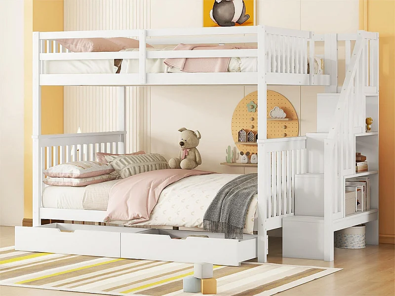 Etagenbett 140x200cm aus Kiefernholz – mit 2 Schubladen und Stauraumtreppe – Weiß