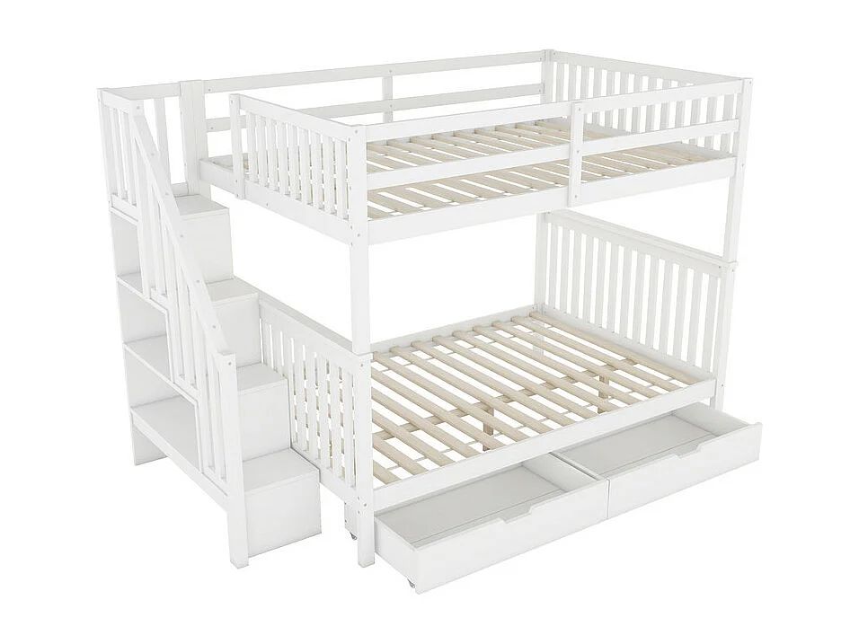Etagenbett 140x200cm aus Kiefernholz – mit 2 Schubladen und Stauraumtreppe – Weiß