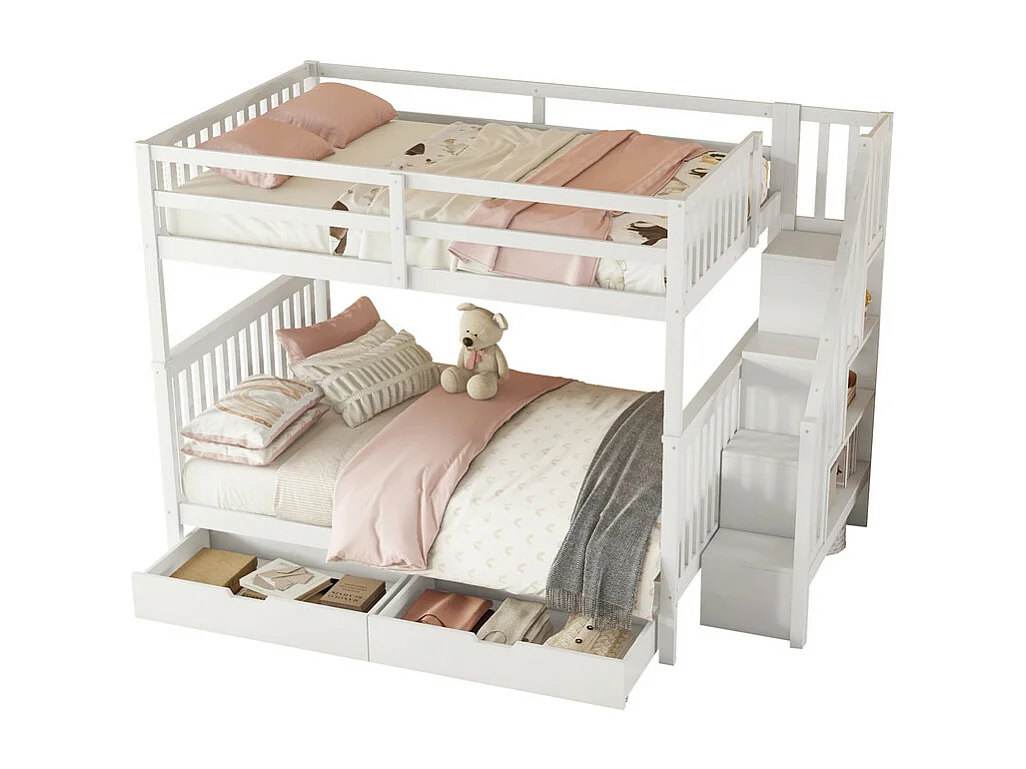 Etagenbett 140x200cm aus Kiefernholz – mit 2 Schubladen und Stauraumtreppe – Weiß