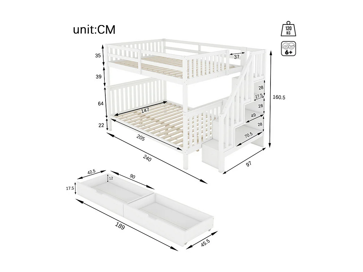 Etagenbett 140x200cm aus Kiefernholz – mit 2 Schubladen und Stauraumtreppe – Weiß