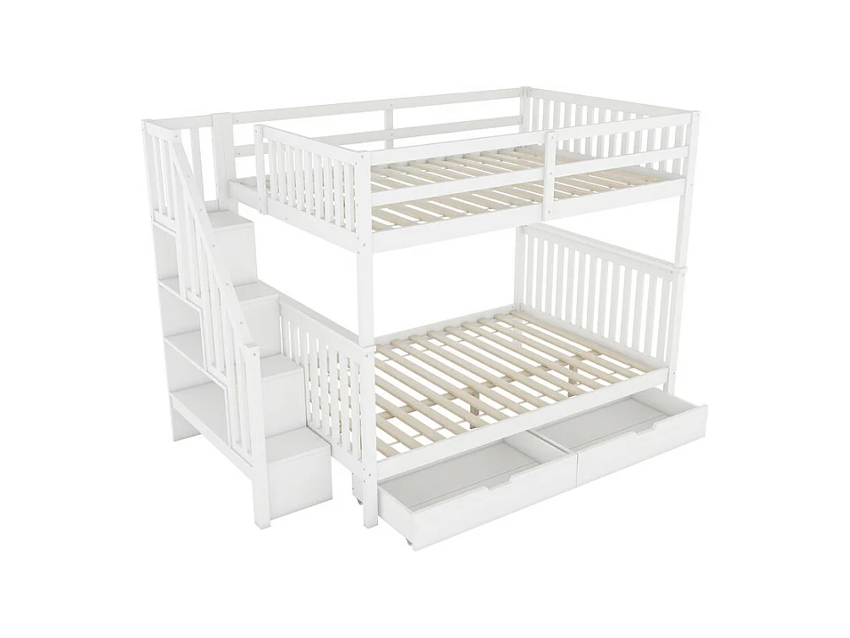 Litera 140x200cm en madera de pino - con 2 cajones y escalera portaobjetos - Blanco