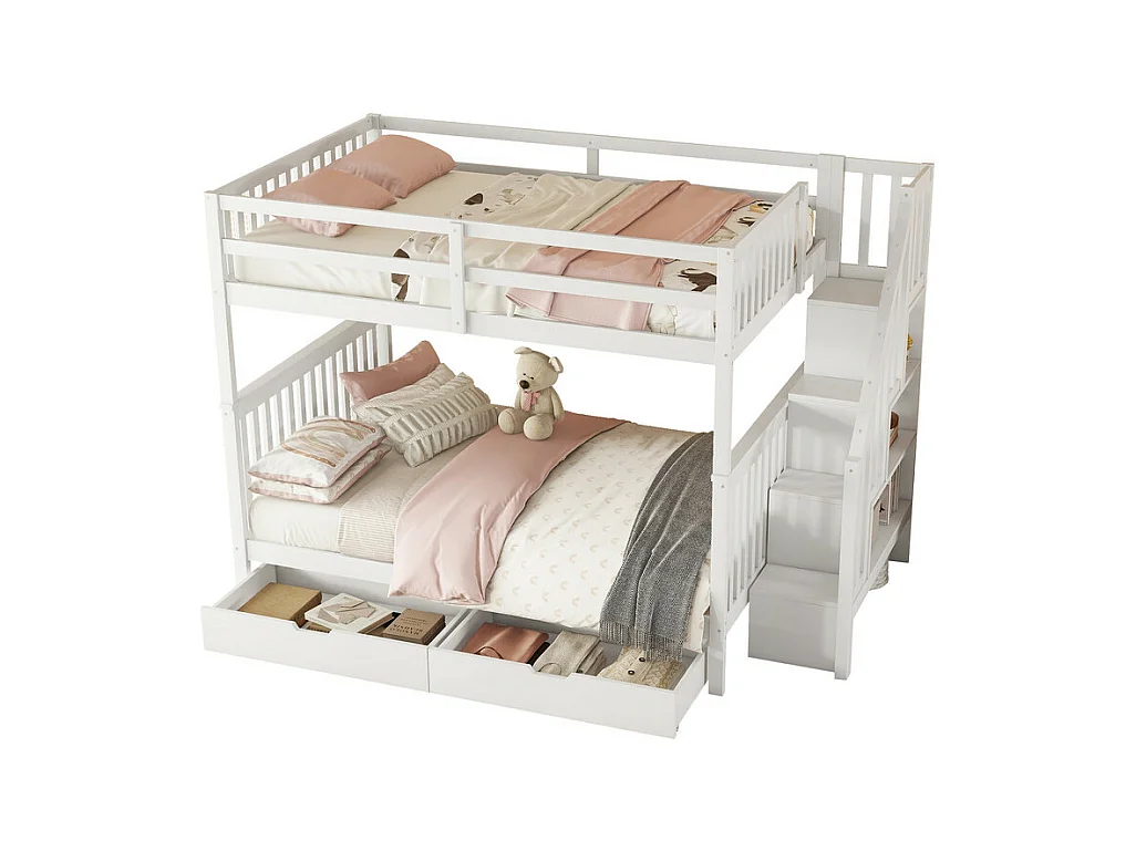 Litera 140x200cm en madera de pino - con 2 cajones y escalera portaobjetos - Blanco