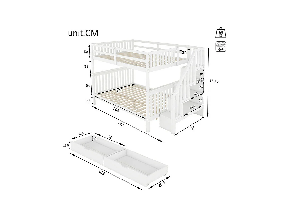 Litera 140x200cm en madera de pino - con 2 cajones y escalera portaobjetos - Blanco