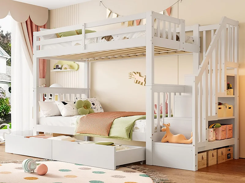 Etagenbett 90x200cm aus Kiefernholz – mit 2 Schubladen und Stauraumtreppe – Weiß