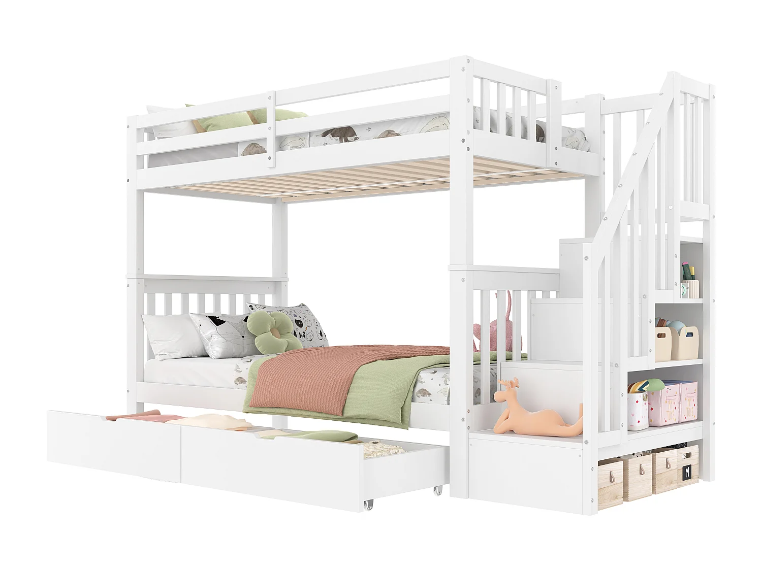 Etagenbett 90x200cm aus Kiefernholz – mit 2 Schubladen und Stauraumtreppe – Weiß