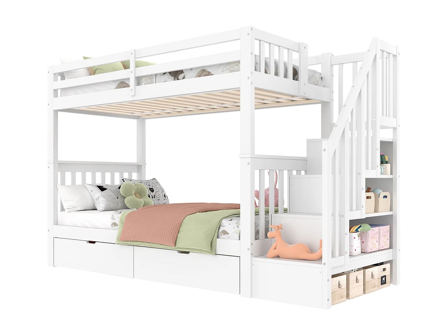 Etagenbett 90x200cm aus Kiefernholz – mit 2 Schubladen und Stauraumtreppe – Weiß