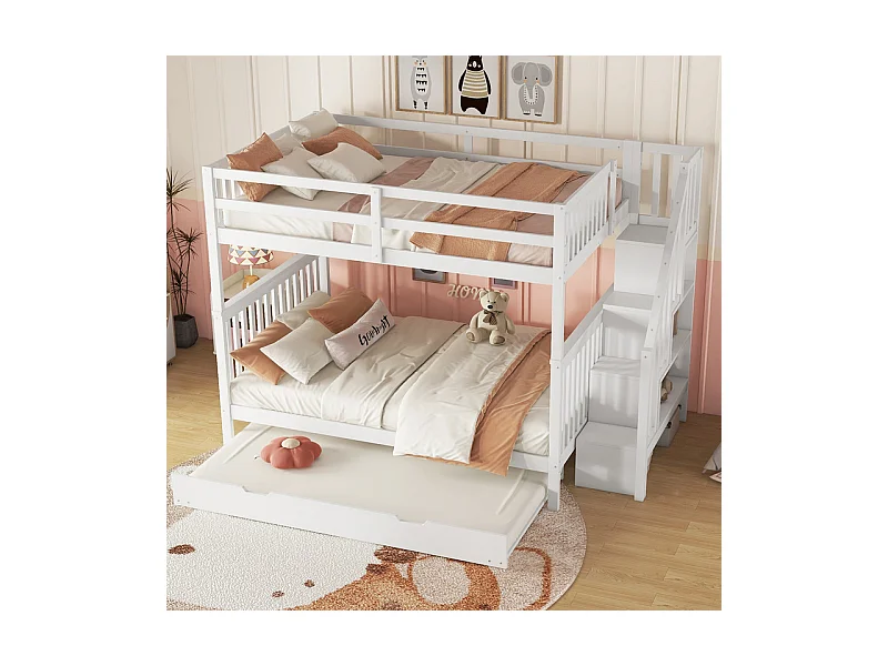 Stapelbed 140x200cm in grenenhout - met 2 lades en een onderschuifbed - Wit