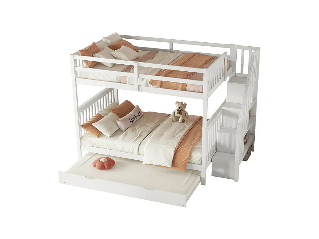 Stapelbed 140x200cm in grenenhout - met 2 lades en een onderschuifbed - Wit