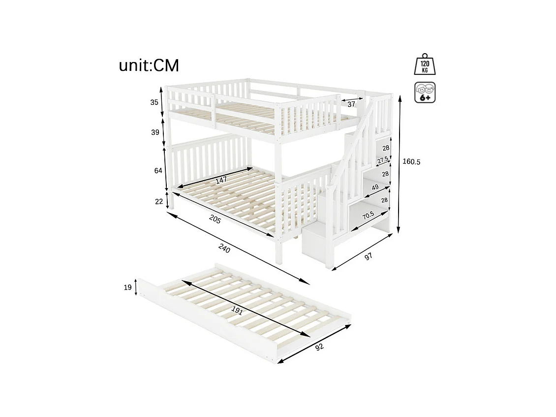 Stapelbed 140x200cm in grenenhout - met 2 lades en een onderschuifbed - Wit