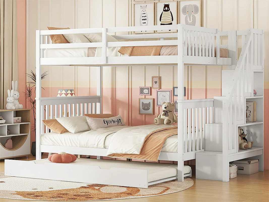 Etagenbett 140x200cm aus Kiefernholz – mit 2 Schubladen und einem Ausziehbett – Weiß