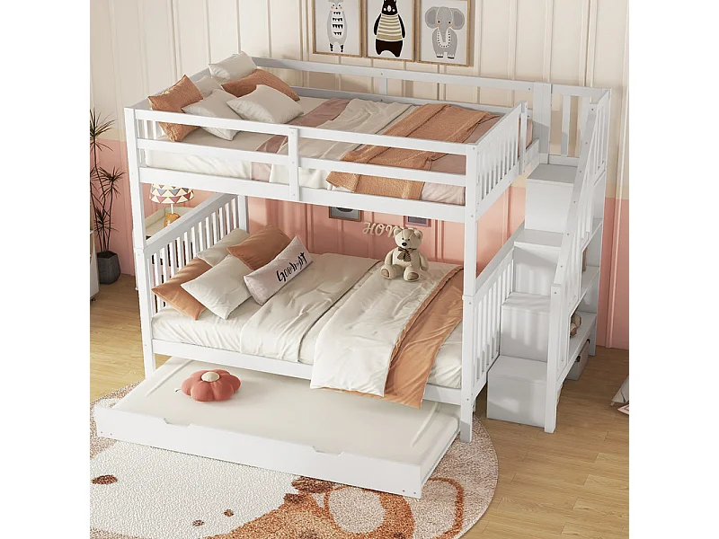 Etagenbett 140x200cm aus Kiefernholz – mit 2 Schubladen und einem Ausziehbett – Weiß