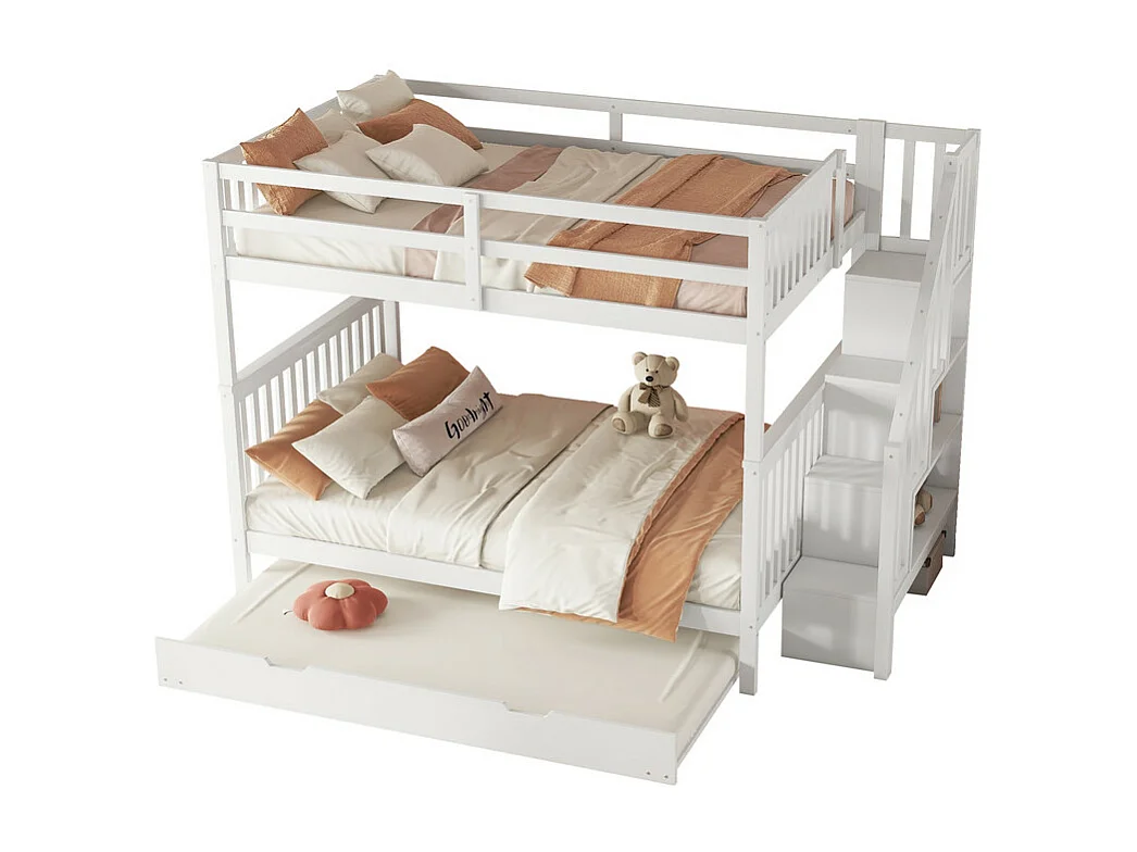 Etagenbett 140x200cm aus Kiefernholz – mit 2 Schubladen und einem Ausziehbett – Weiß